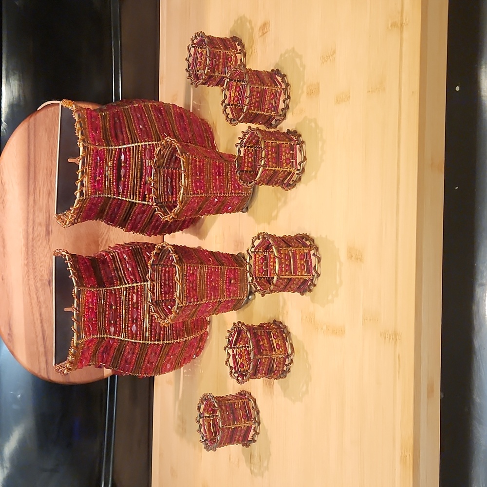 PartyLite Moroccan, Artisan Red & Gold Beaded Candle Holders - Vintage Boho Chic